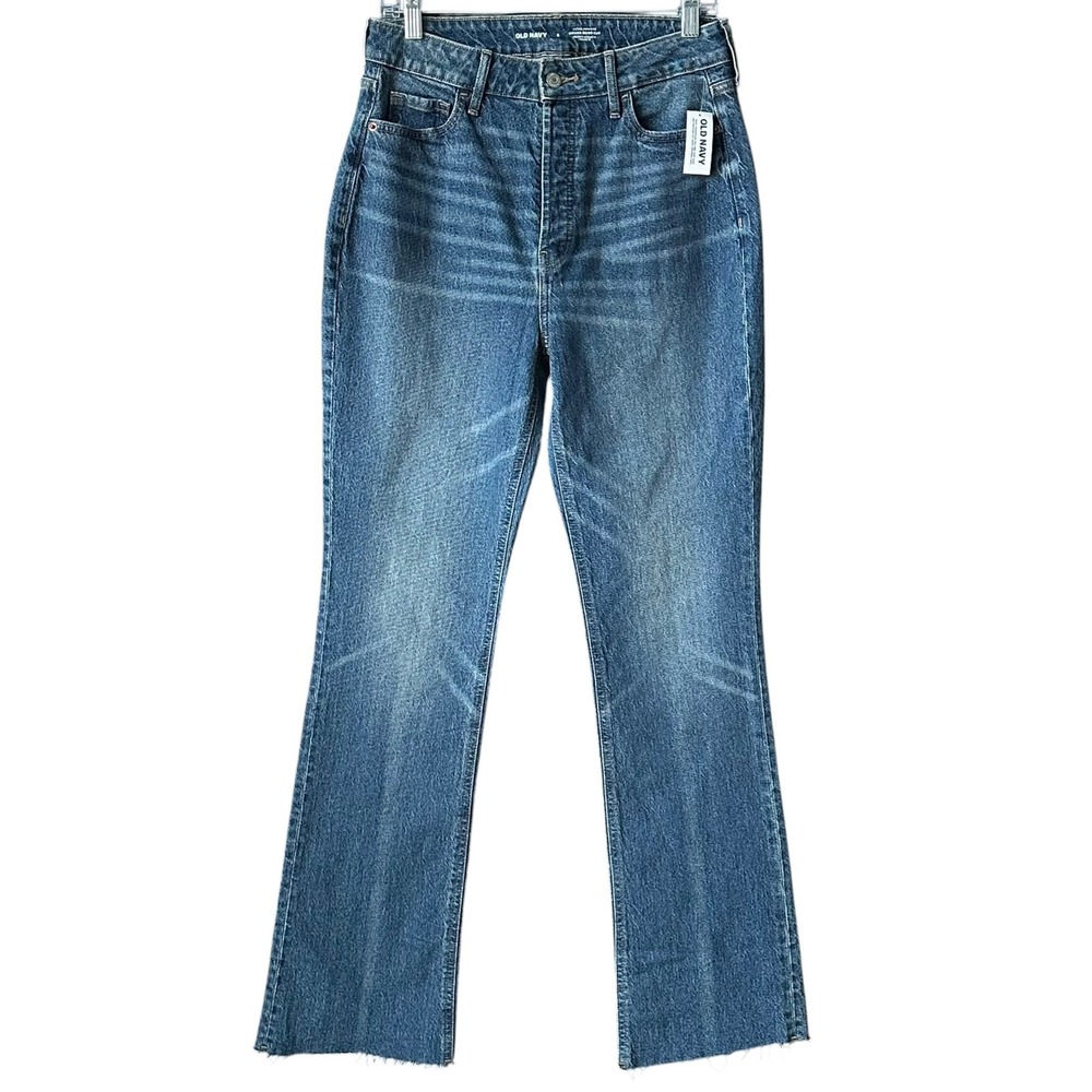 Old Navy Extra High-Rise Kicker Boot-Cut Jeans Medium Wash Raw Hem Size 8 New